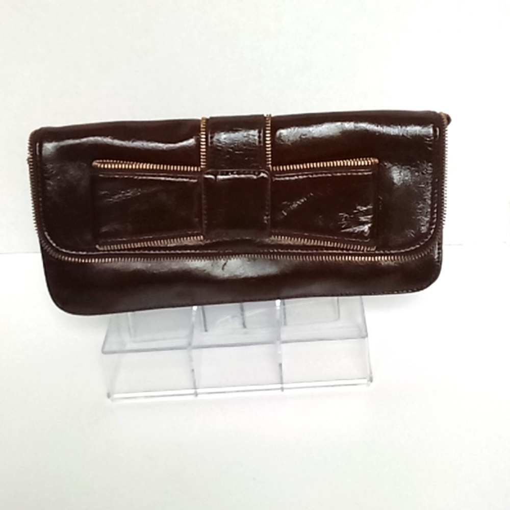 Brown Patent Leather Clutch Bag with Bow and Strap